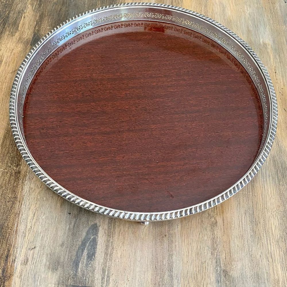 Vintage Mid Century Modern Tray Crescent Silversmith Co Wood Laminate Round